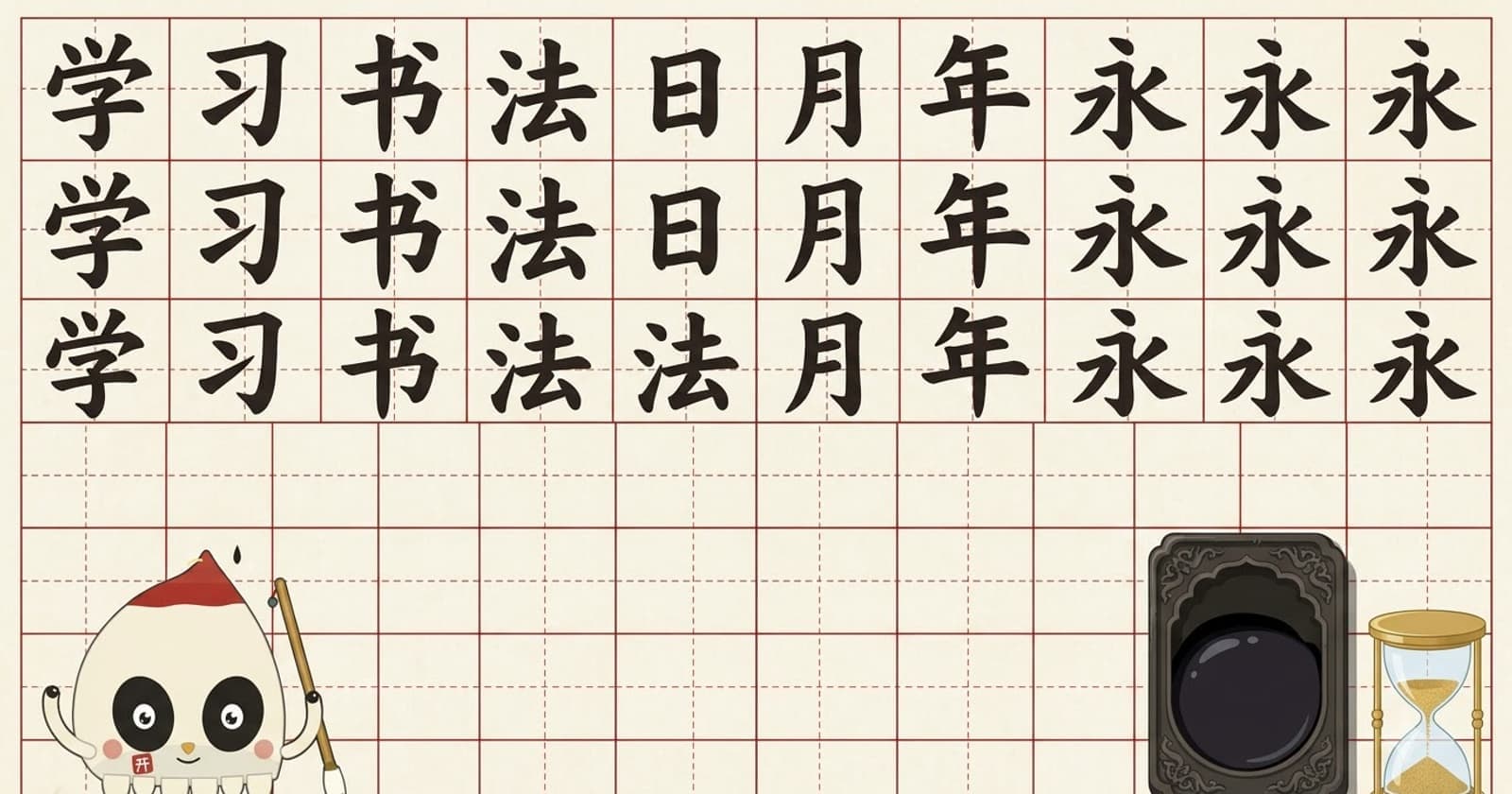 Bàn tay cầm bút lông viết chữ Hán trong ô 田字格, bên cạnh là bảng chữ viết tay HSK 3.0 theo từng cấp