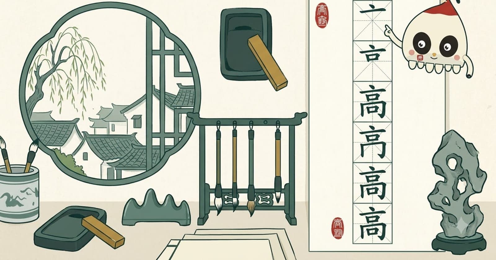 Viết chữ Hán từ tầng trên xuống dưới theo quy tắc bút thuận trên trước dưới sau, chữ ví dụ 三 và 高